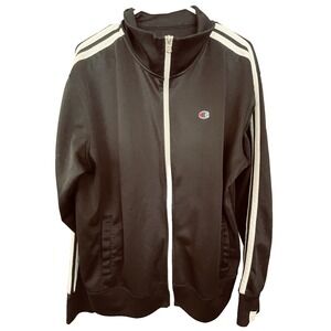 Champion Vintage Mens Black Track Warm Up Jacket 2 Stripe Logo Zip Up XL